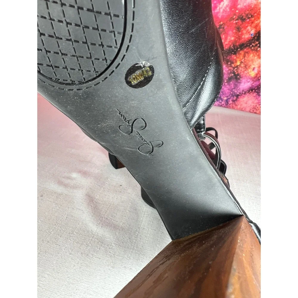Jessica Simpson Black Leather T-Strap Platform Sandals Wood Block Heel Size 10M